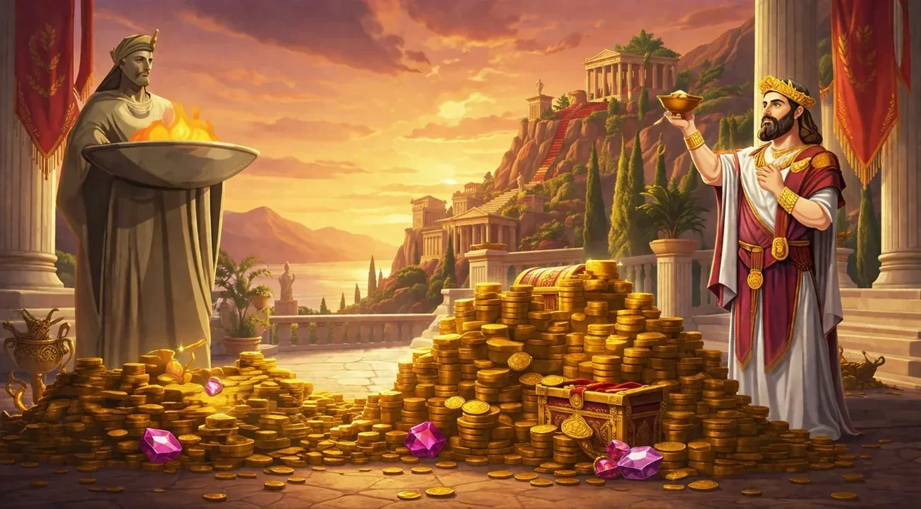 Scène promotionnelle avec statue et pièces d'or